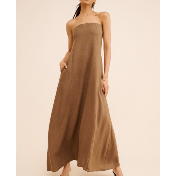 WeWoreWhat Brown Linen Strapless Maxi Dress Size Medium Clean Girl - Picture 1 of 9